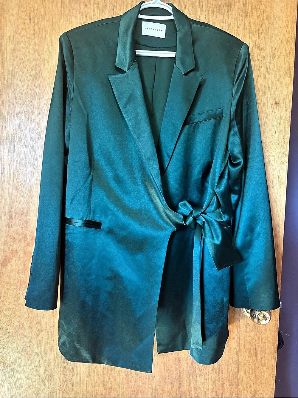 LATTELIER Satin Tie-Front Blazer in Green Size Large